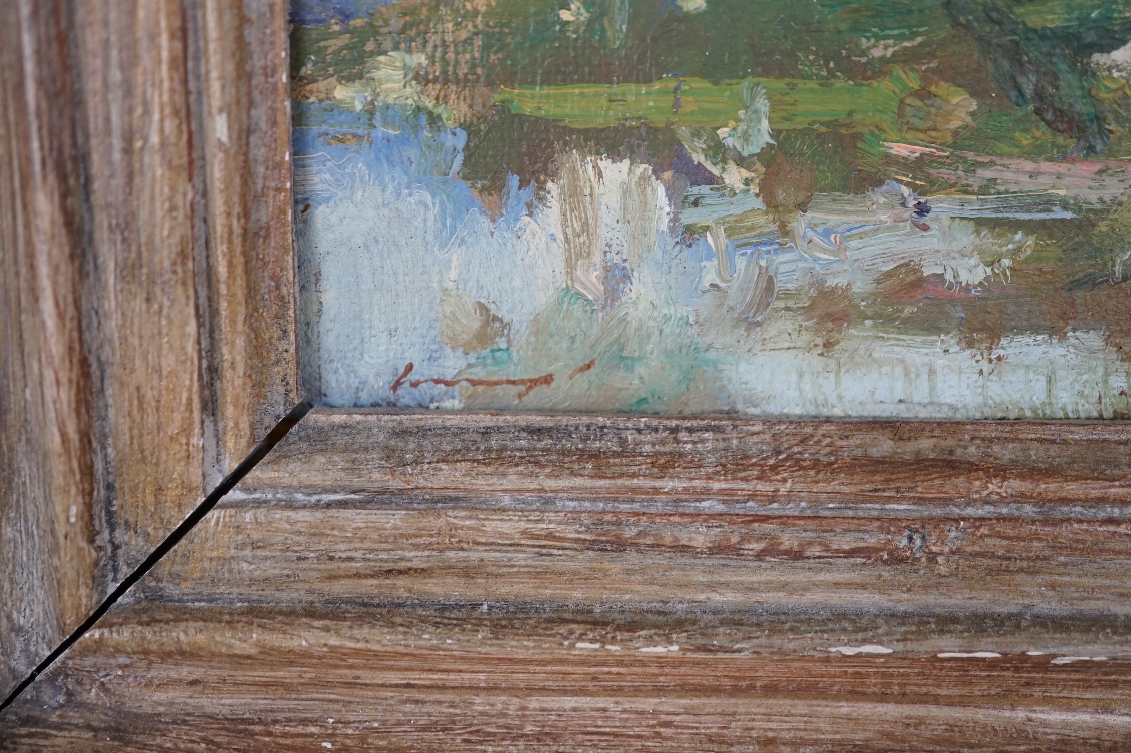 Ken Moroney (1949-2018), small oil on canvas board, Landscape study, signed, 8.5 x 12.5cm. Condition - good, some surface dirt and minor losses to the frame
